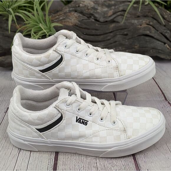 Vans® Seldan White on White Checkerboard Skate Shoes Sneakers - Picture 3 of 7